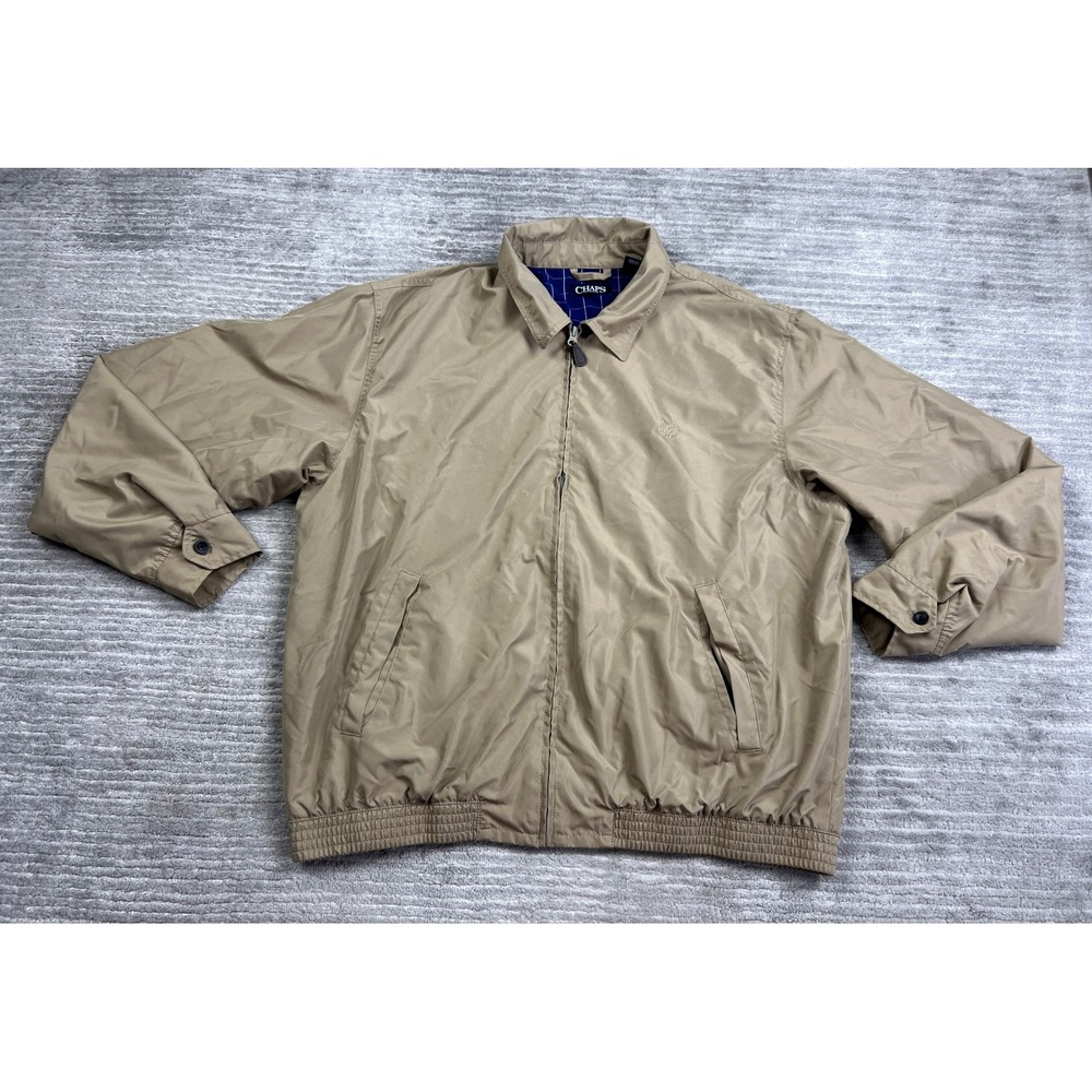 Chaps Jacket Mens XL Tan Harrington Windbreaker Plaid Lined Full Zip Logo Khaki
